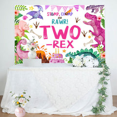 Lofaris Pink Stomp Chomp Rawr Two Rex 2nd Birthday Backdrop