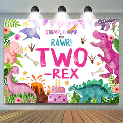 Lofaris Pink Stomp Chomp Rawr Two Rex 2nd Birthday Backdrop