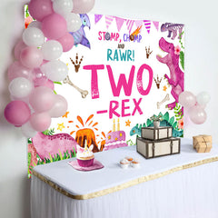 Lofaris Pink Stomp Chomp Rawr Two Rex 2nd Birthday Backdrop