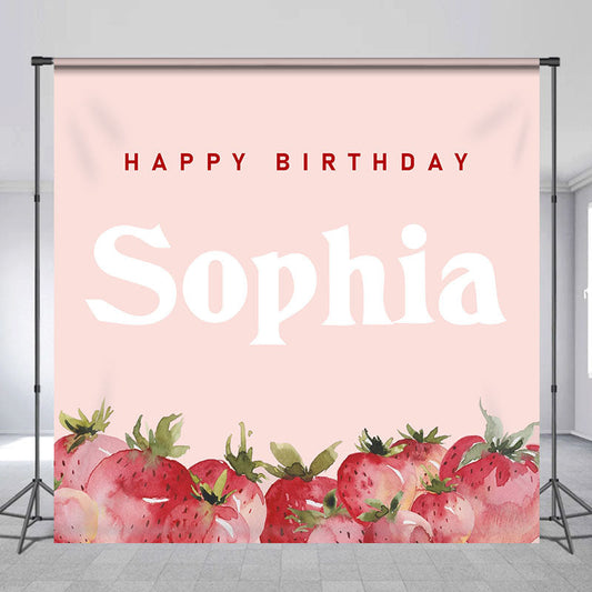 Lofaris Pink Strawberry Custom Name Birthday Party Backdrop