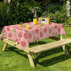 Lofaris Pink Strawberry Green Leaves Rectangle Tablecloth