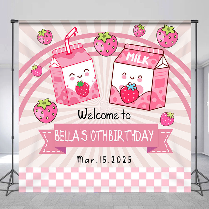Lofaris Pink Strawberry Milk Customized Birthday Backdrop