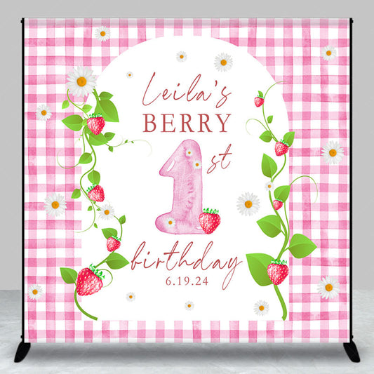 Lofaris Pink Strawberry Plaid Custom 1st Birthday Backdrop