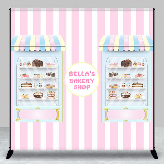 Lofaris Pink Stripe Bakery Shop Custom Birthday Backdrop