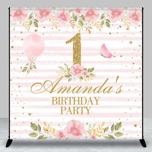 Lofaris Pink Stripe Flowers Custom 1st Birthday Backdrop