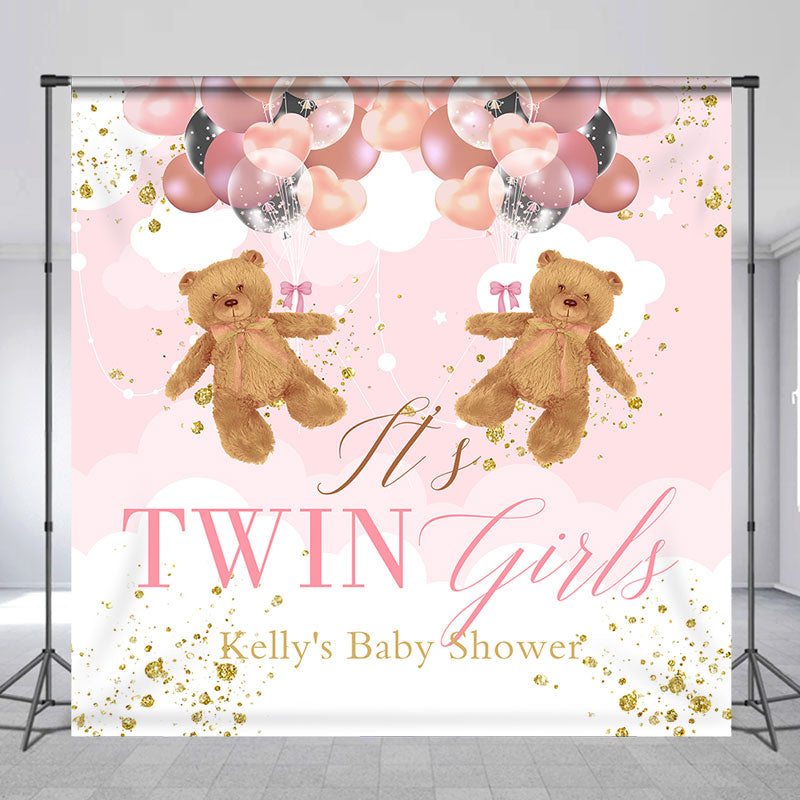 Lofaris Pink Teddy Bear Custom Twins Baby Shower Backdrop