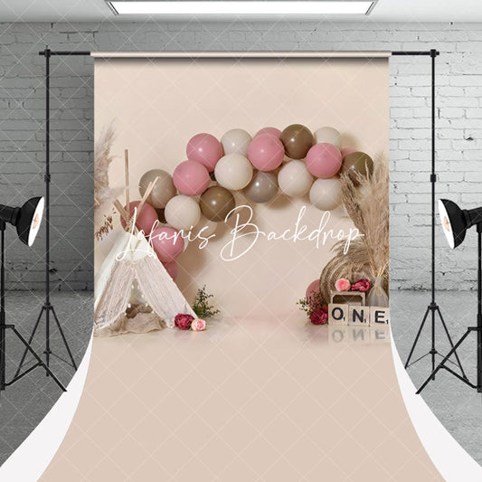 Lofaris Pink Tent Hay Balloons Sweep Cake Smash Backdrop