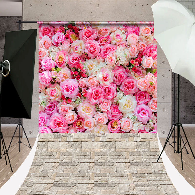 Lofaris Pink White Rose Brick Floor Sweep Photo Backdrop