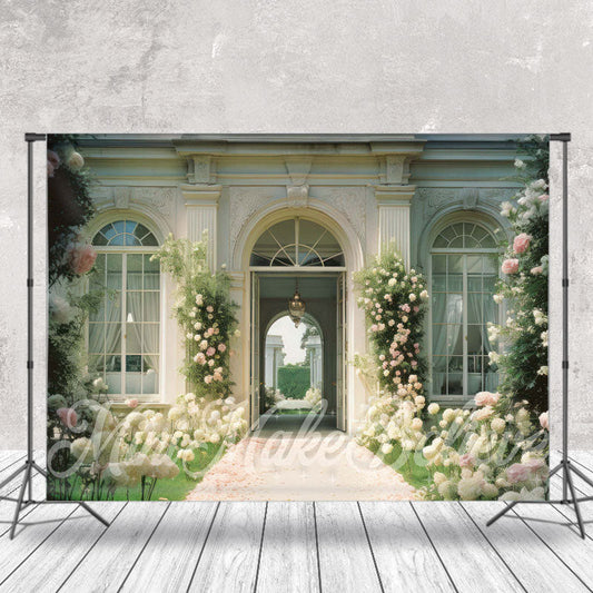 Lofaris Pink White Roses Retro Architecture Spring Backdrop