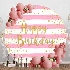 Lofaris Pink White Stripe Gold Dots Round Birthday Backdrop