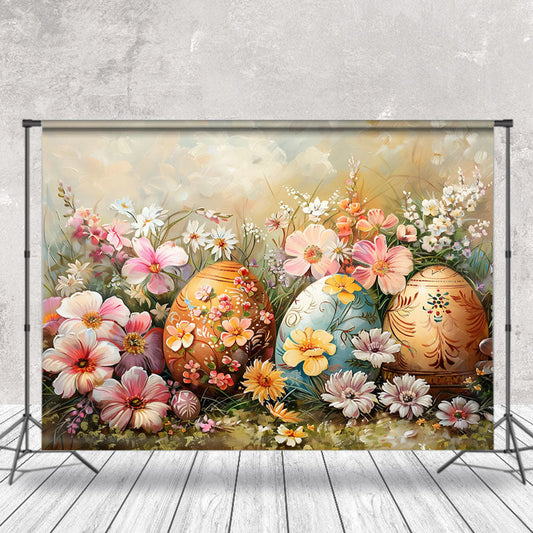 Lofaris Pink White Wildflower Eggs Painting Easter Backdrop