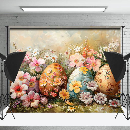 Lofaris Pink White Wildflower Eggs Painting Easter Backdrop
