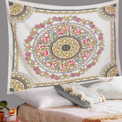 Lofaris Pink Yellow Floral Ring Boho Mandala Dorm Tapestry