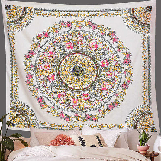 Lofaris Pink Yellow Floral Ring Boho Mandala Dorm Tapestry