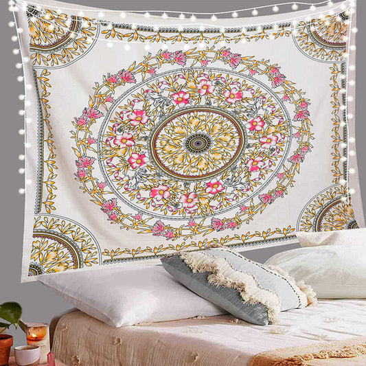 Lofaris Pink Yellow Floral Ring Boho Mandala Dorm Tapestry