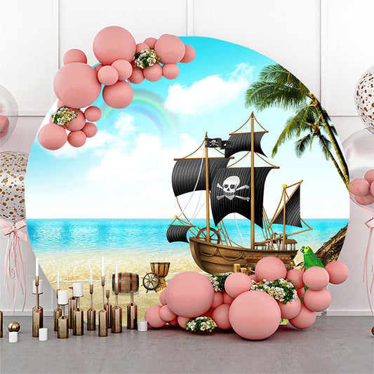 Lofaris Pirate Ship Beach Rainbow Coconut Round Backdrop