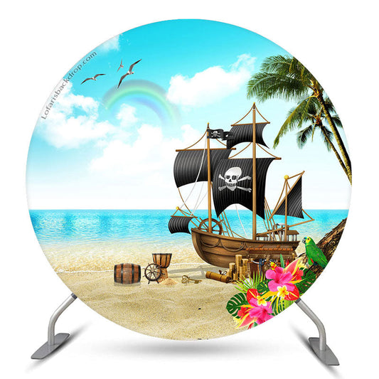 Lofaris Pirate Ship Beach Rainbow Coconut Round Backdrop