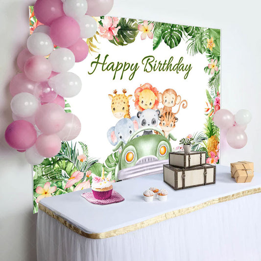 Lofaris Plam Green Animals Car Happy Birthday Backdrop