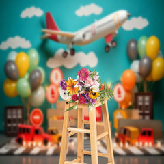 Lofaris Plane Balloon Blue Sky Street Car Cake Smash Backdrop