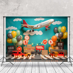 Lofaris Plane Balloon Blue Sky Street Car Cake Smash Backdrop