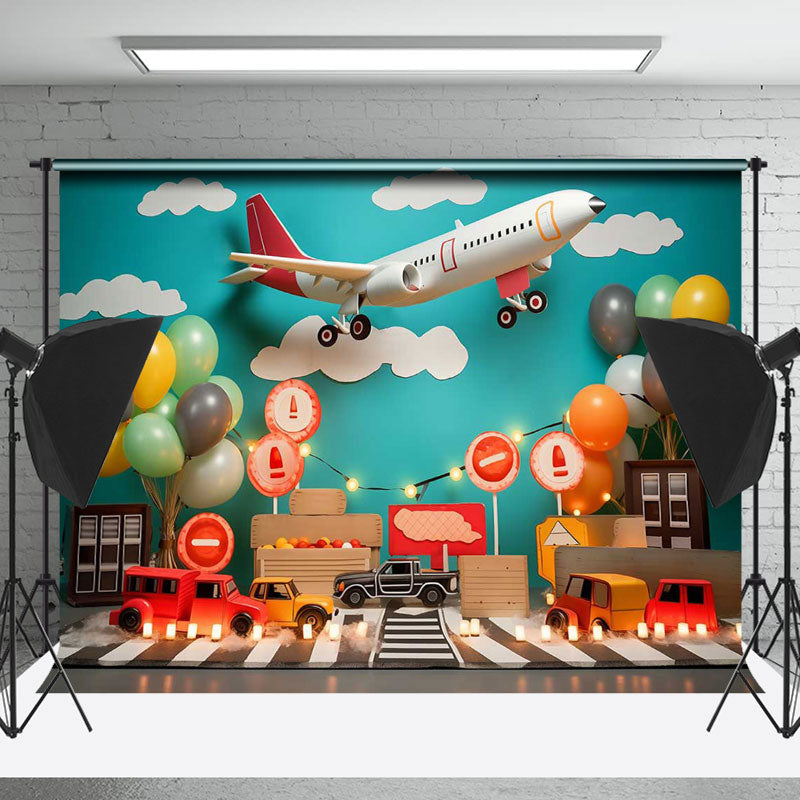 Lofaris Plane Balloon Blue Sky Street Car Cake Smash Backdrop