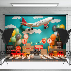 Lofaris Plane Balloon Blue Sky Street Car Cake Smash Backdrop