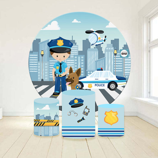 Lofaris Policeman Helicopter City Round Birthday Backdrop Kit