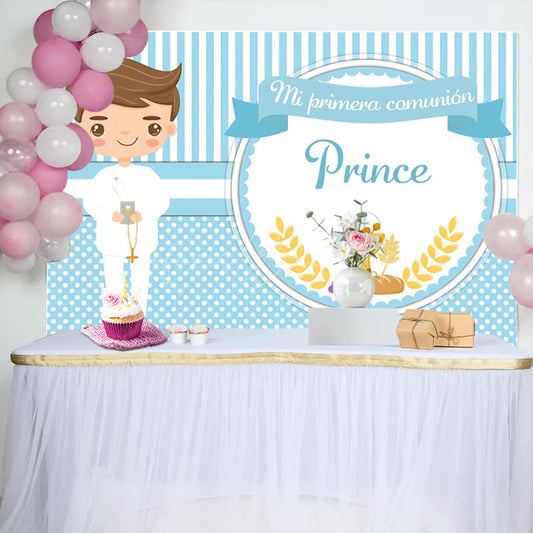 Lofaris Prince Blue Stripe And Dots Boys Baptism Backdrop