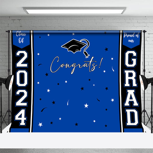 Lofaris Proud Of Our Grad Blue Black Graduation Backdrop