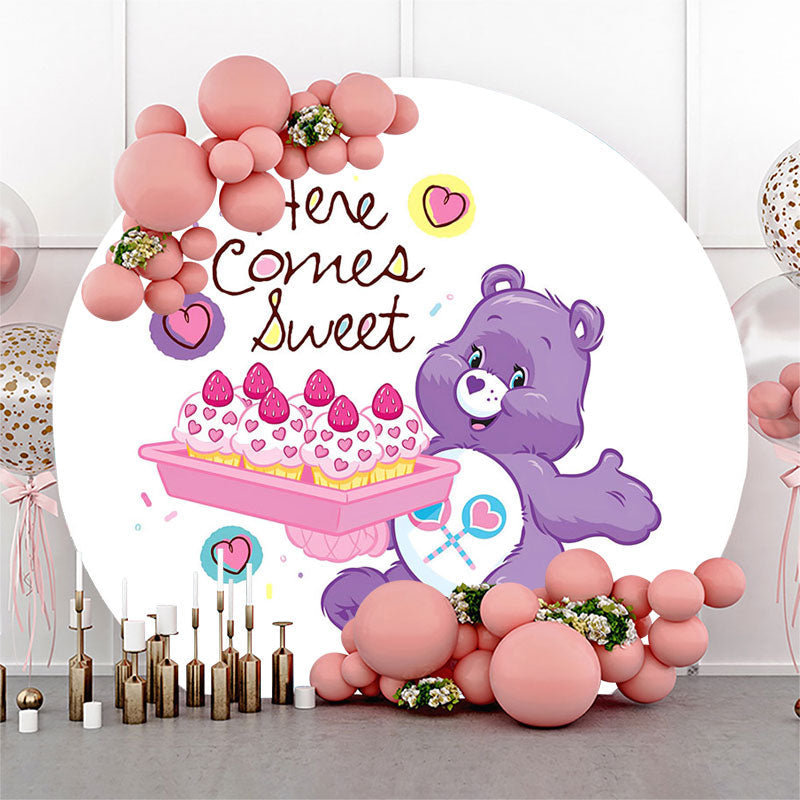 Lofaris Purple Bear Cakes Sweet Round Baby Shower Backdrop