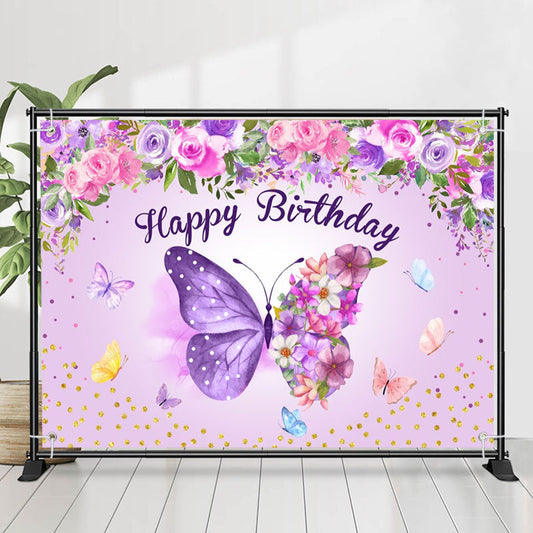 Lofaris Purple Butterflies Flowers Happy Birthday Backdrop