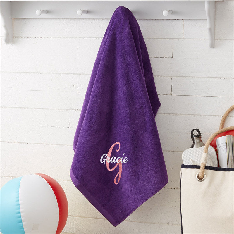 Lofaris Purple Custom Embroidered Name Initial Beach Towel
