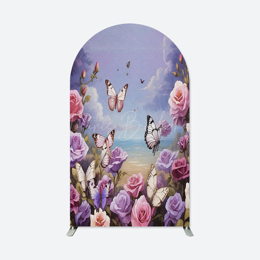 Lofaris Purple Floral Butterfly Happy Birthday Arch Backdrop
