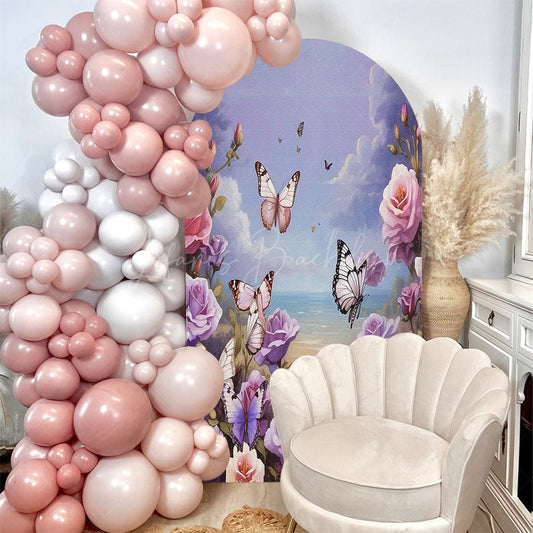 Lofaris Purple Floral Butterfly Happy Birthday Arch Backdrop