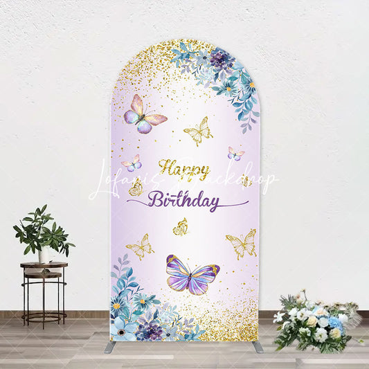 Lofaris Purple Floral Gold Butterfly Arch Birthday Backdrop