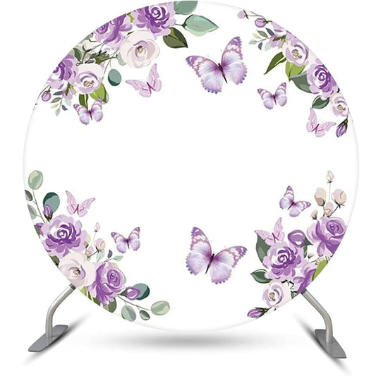 Lofaris Purple Floral Leaf Butterfly Round Birthday Backdrop