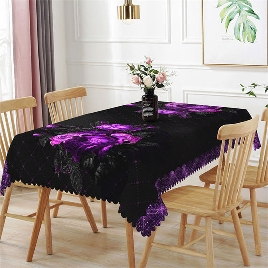 Lofaris Purple Flower Black Rectangle Tablecloth for Bistro