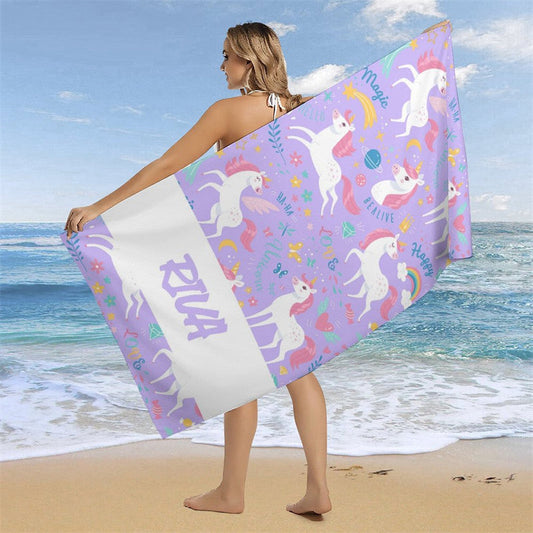 Lofaris Purple Happy Unicorn Flowers Custom Beach Towel