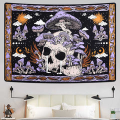 Lofaris Purple Mushroom Skull Skeleton Sun Wall Tapestry