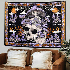 Lofaris Purple Mushroom Skull Skeleton Sun Wall Tapestry