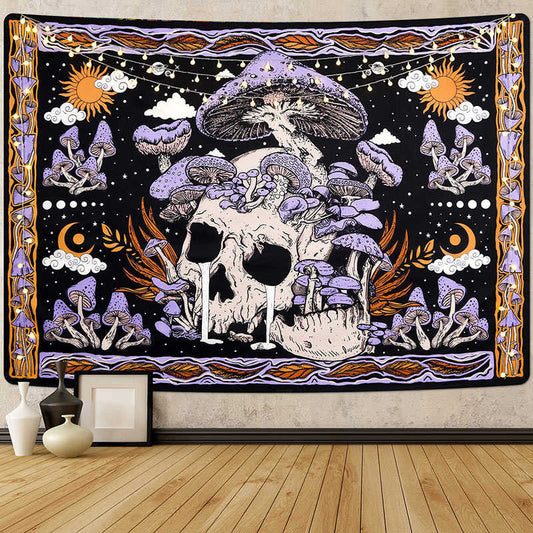 Lofaris Purple Mushroom Skull Skeleton Sun Wall Tapestry