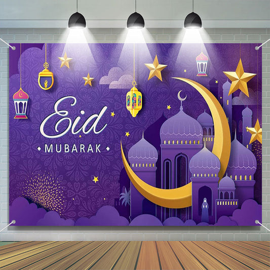Lofaris Purple Paper Moon Stars Palace Eid Mubarak Backdrop