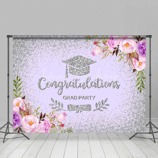 Lofaris Purple Silver Floral Congratulation Grad Backdrop