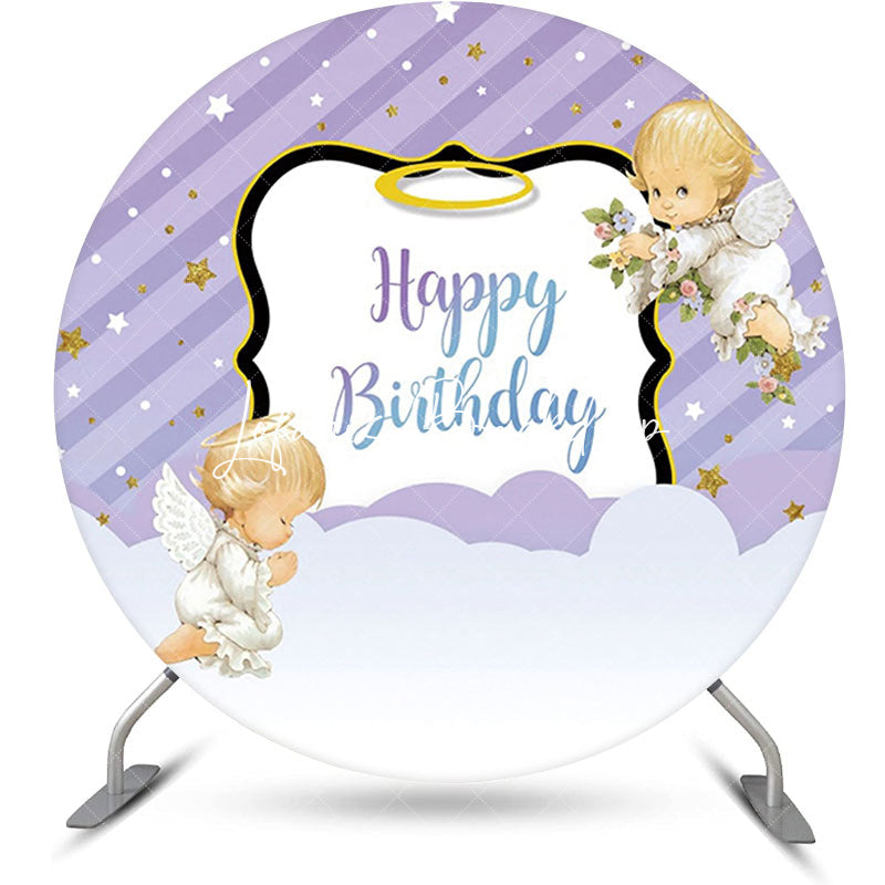 Lofaris Purple Stripe Angel Baby Happy Birthday Backdrop