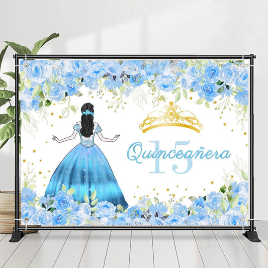 Lofaris Quinceanera Girl Blue Floral 15th Birthday Backdrop