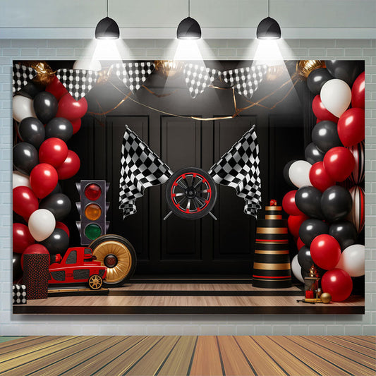 Lofaris Racing Venue Plaid Flag Balloon Birthday Backdrop
