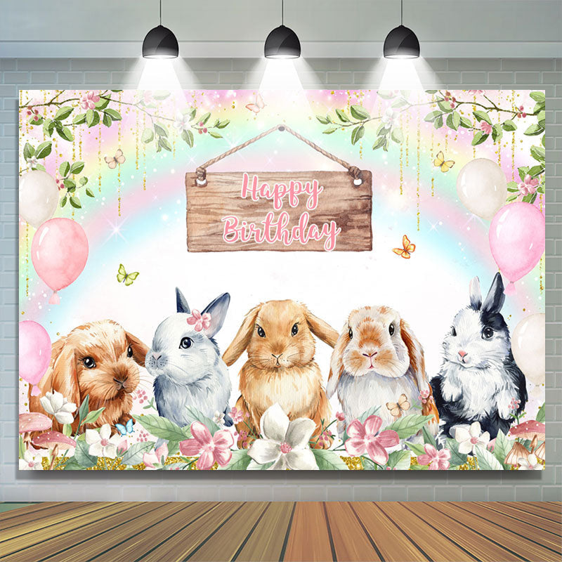 Lofaris Rainbow Bunny Floral Balloon Happy Birthday Backdrop