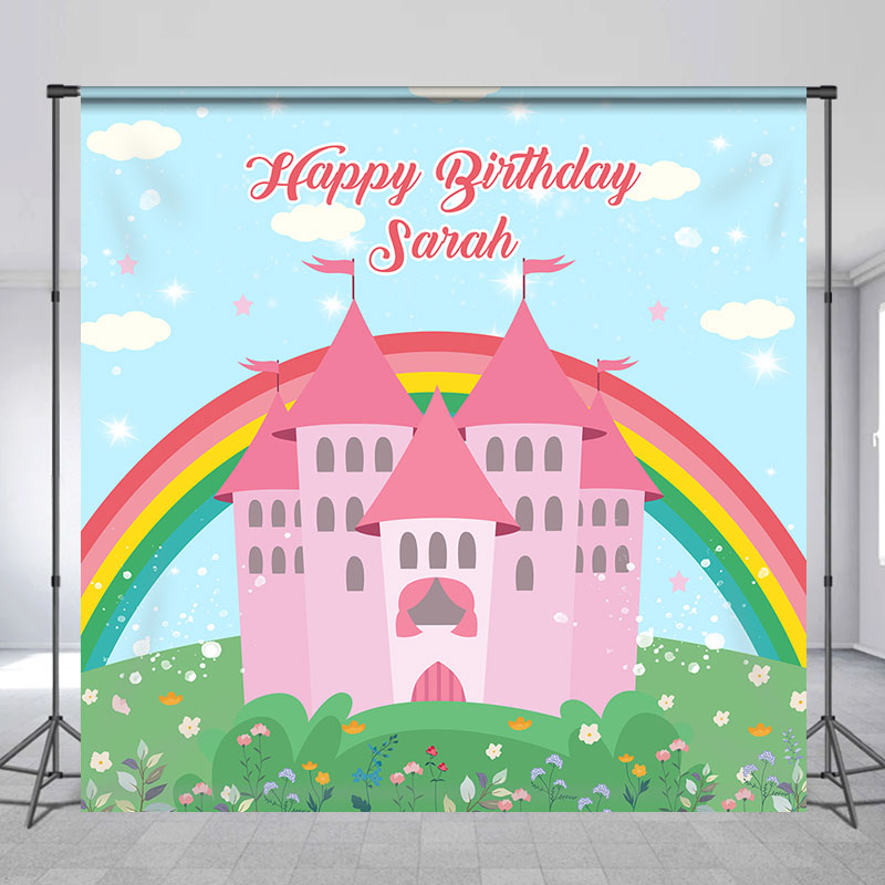 Lofaris Rainbow Pink Castle Custom Happy Birthday Backdrop