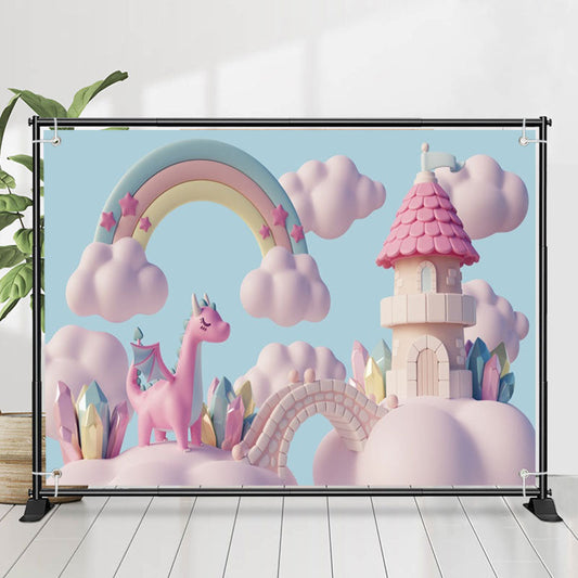 Lofaris Rainbow Pink Cloud Castle Birthday Backdrop For Girl