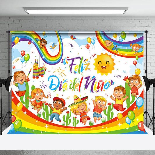 Lofaris Rainbow Sun Feliz Dia de Nino Children Day Backdrop